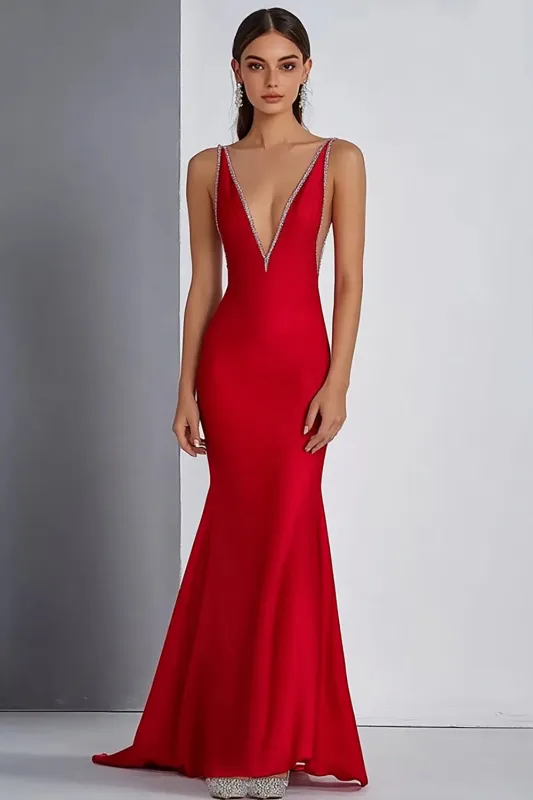 Sparkly Red Mermaid Beaded Deep V Neck Long Formal Dress sold by Zapaka