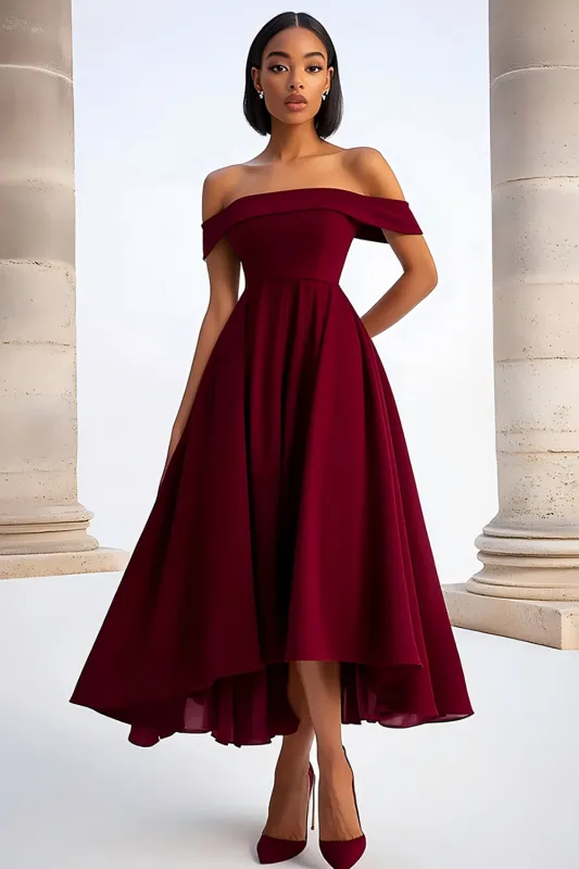 Burgundy A Line Off the Shoulder Crepe Formal Dress sold by Zapaka