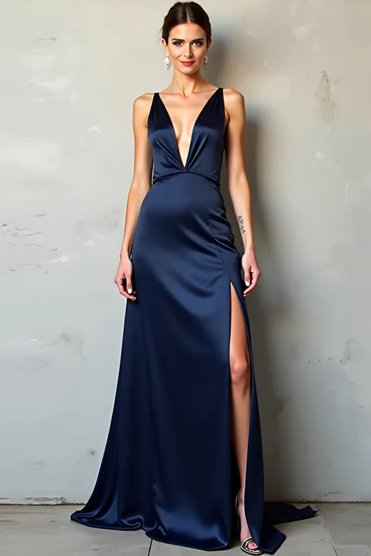 Navy Deep V Neck Sheath Satin Formal Dress with Slit sold by Zapaka
