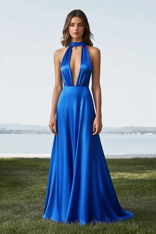 Royal Blue A Line Halter Cut Out Satin Long Formal Dress made by Zapaka