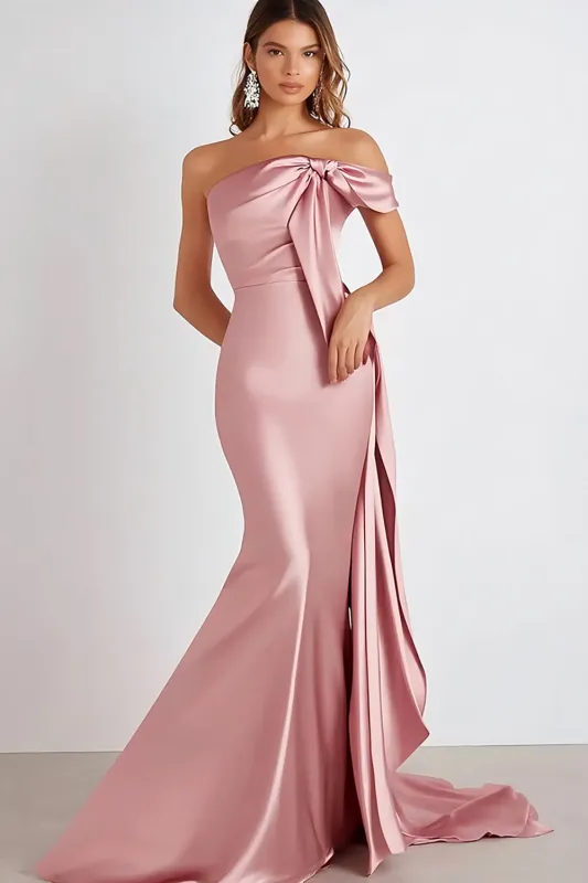 Pink Satin Sheath Pleated Strapless Formal Dress sold by Zapaka