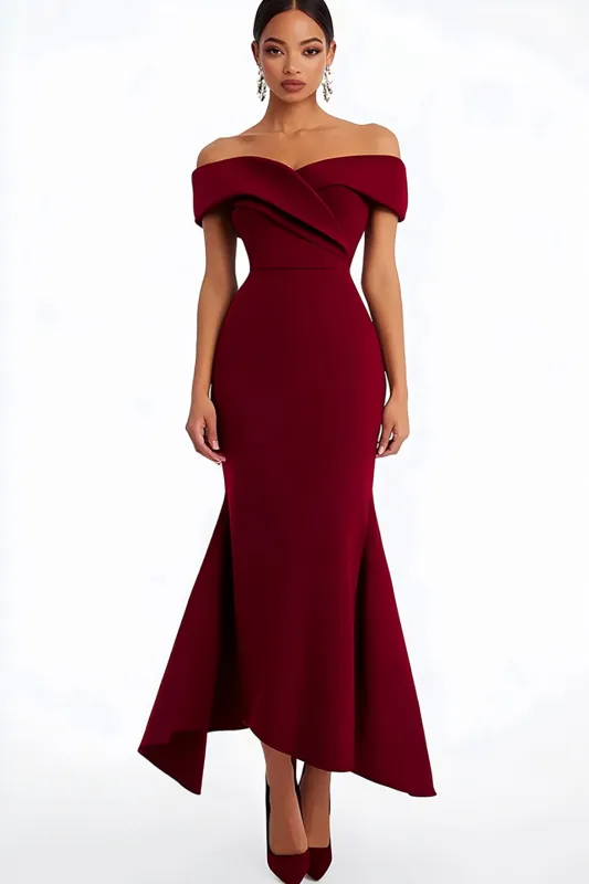 Burgundy Sheath Off the Shoulder Long Formal Dress sold by Zapaka
