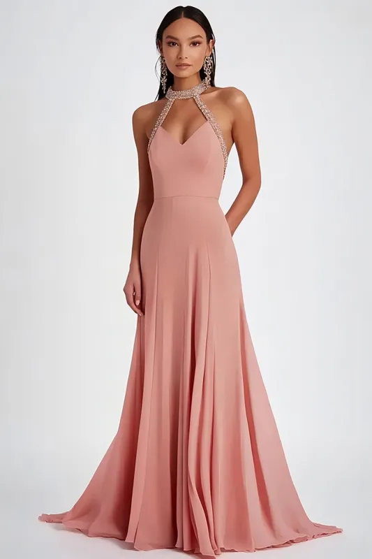 Halter Chiffon Pink Sheath Ruched Formal Dress with Beading sold by Zapaka