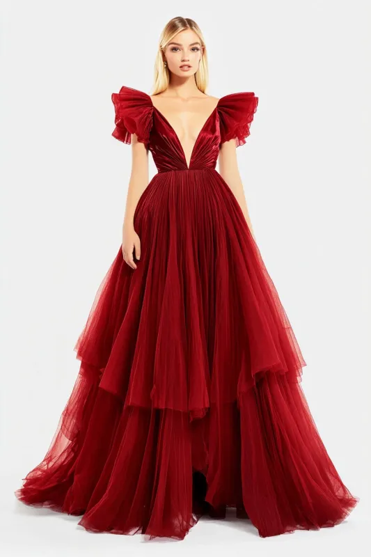 Red V Neck A Line Tulle Pleated Long Prom Dress with Slit made by Zapaka