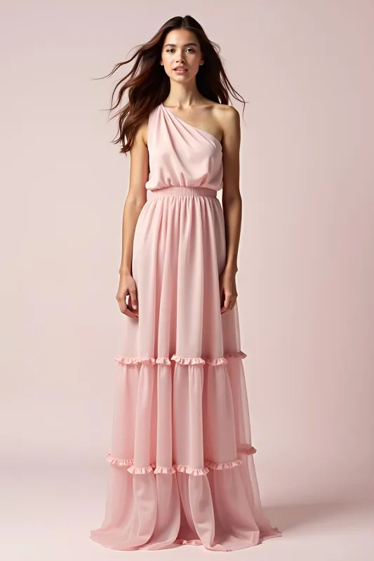 Pink One Shoulder Sheath Pleated Long Formal Dress sold by Zapaka