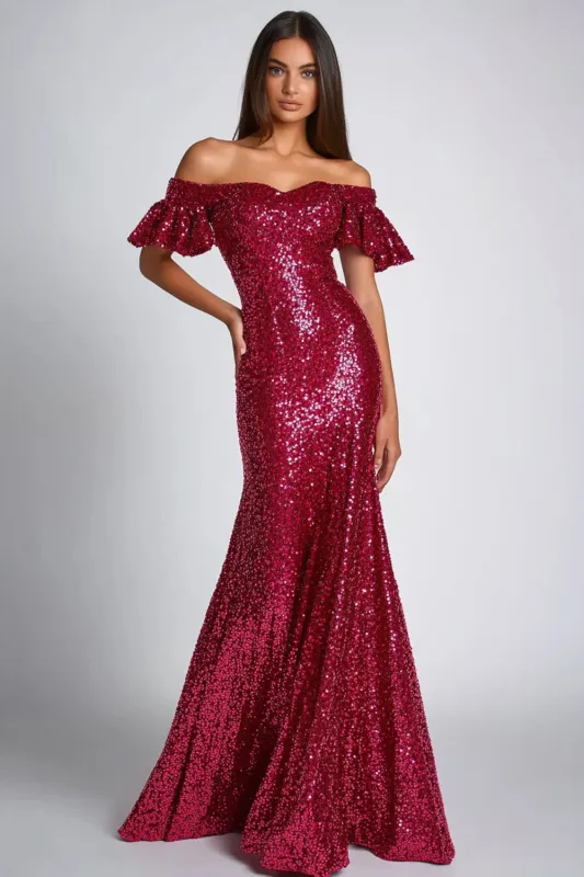 Burgundy Off The Shoulder Mermaid Sequins Long Formal Dress sold by Zapaka