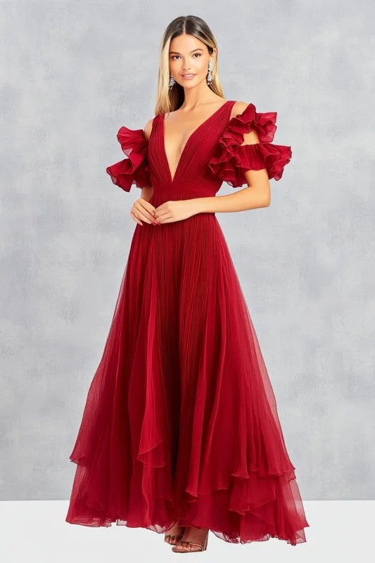 Red A Line Cold Shoulder Pleated Long Formal Dress sold by Zapaka