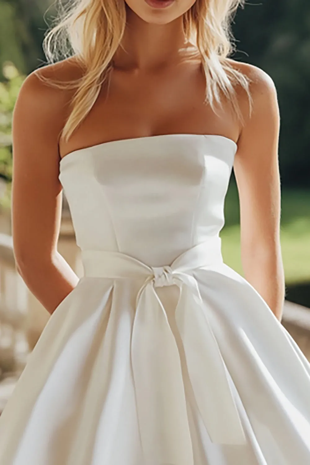 White A-Line Satin Strapless Midi Graduation Dress with Bowknot sold by Zapaka product image thumbnail 2