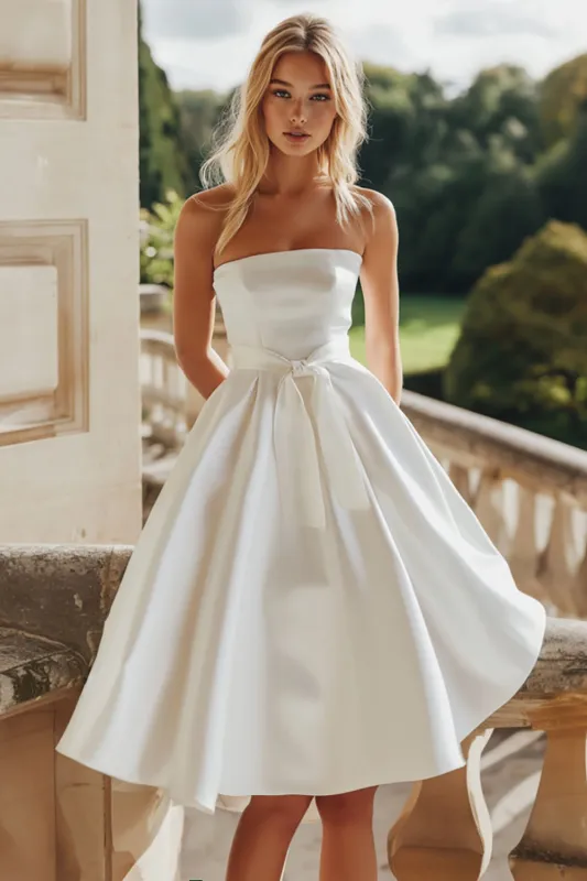 White A-Line Satin Strapless Midi Graduation Dress with Bowknot sold by Zapaka
