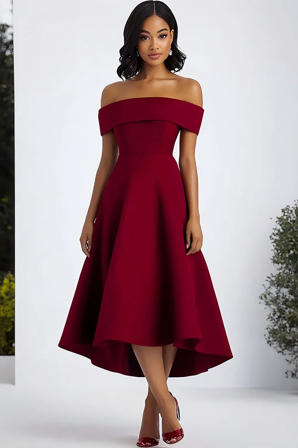 Burgundy A Line Off The Shoulder Midi Formal Dress sold by Zapaka