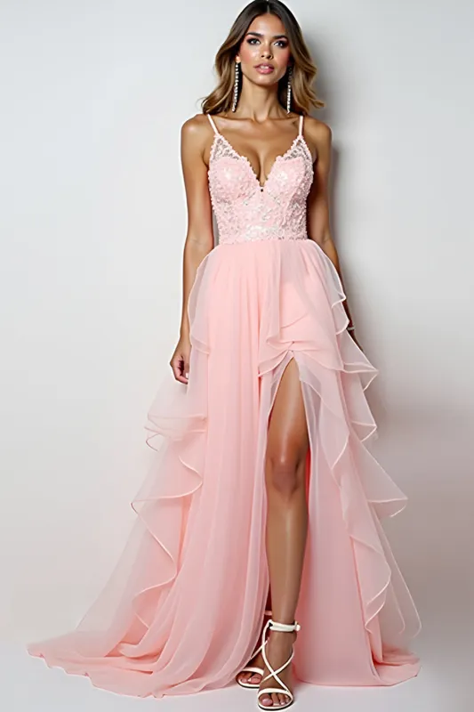 Blush Pink A Line Spaghetti Straps Long Prom Dress With Ruffles sold by Zapaka