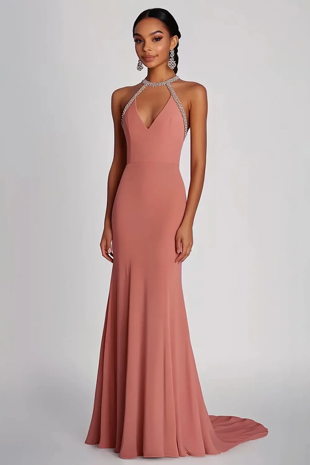 Sheath Pink Beaded Halter Long Chiffon Formal Dress sold by Zapaka