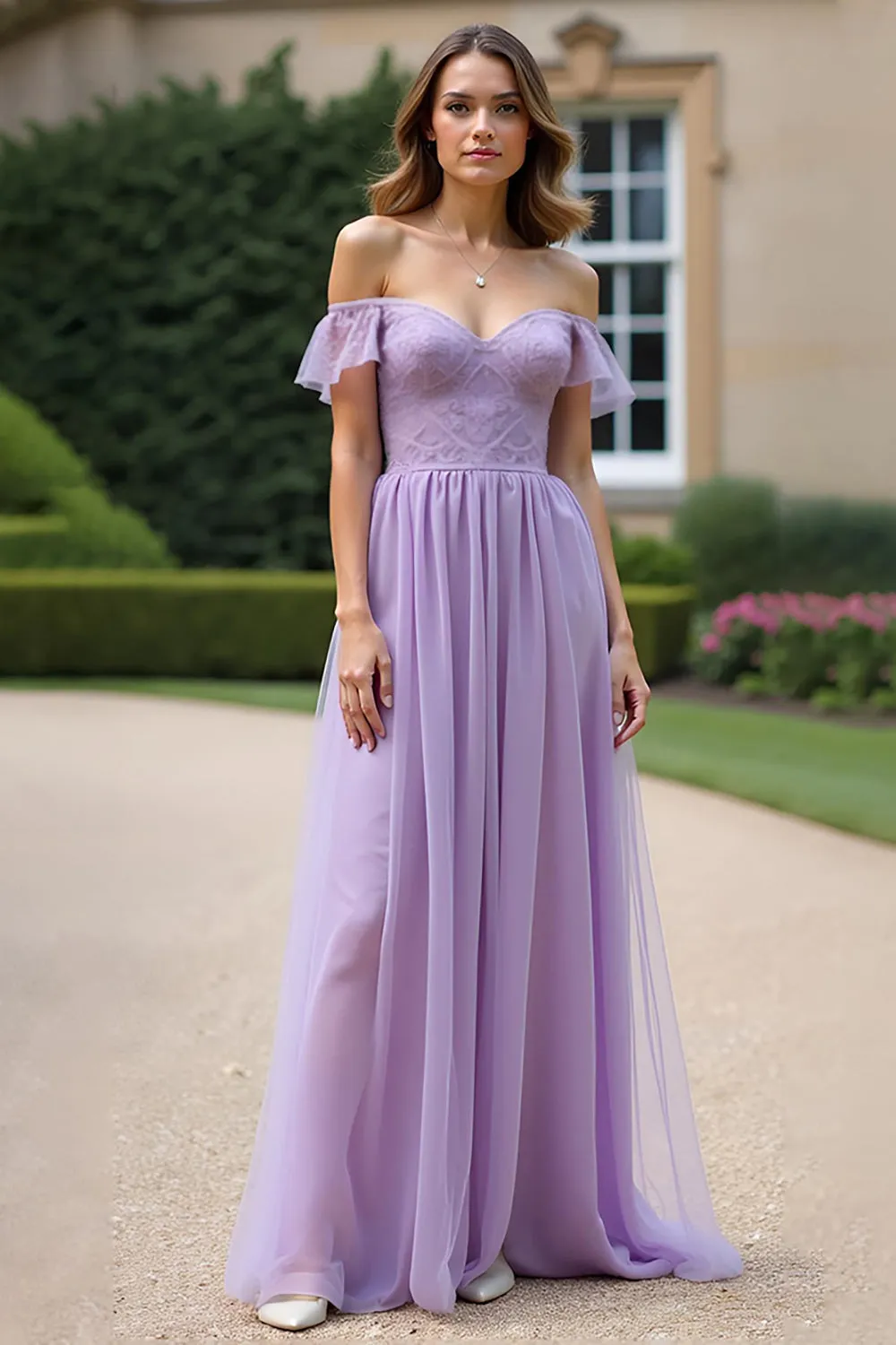 Lilac A Line Off The Shoulder Long Tulle Formal Dress sold by Zapaka product image thumbnail 3