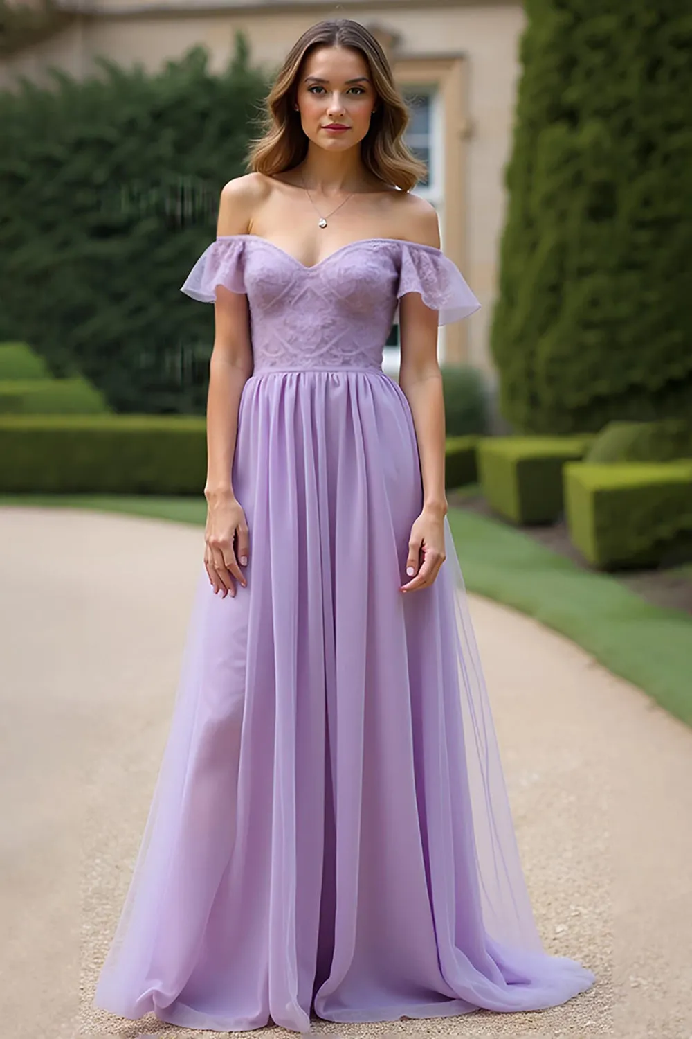 Lilac A Line Off The Shoulder Long Tulle Formal Dress sold by Zapaka