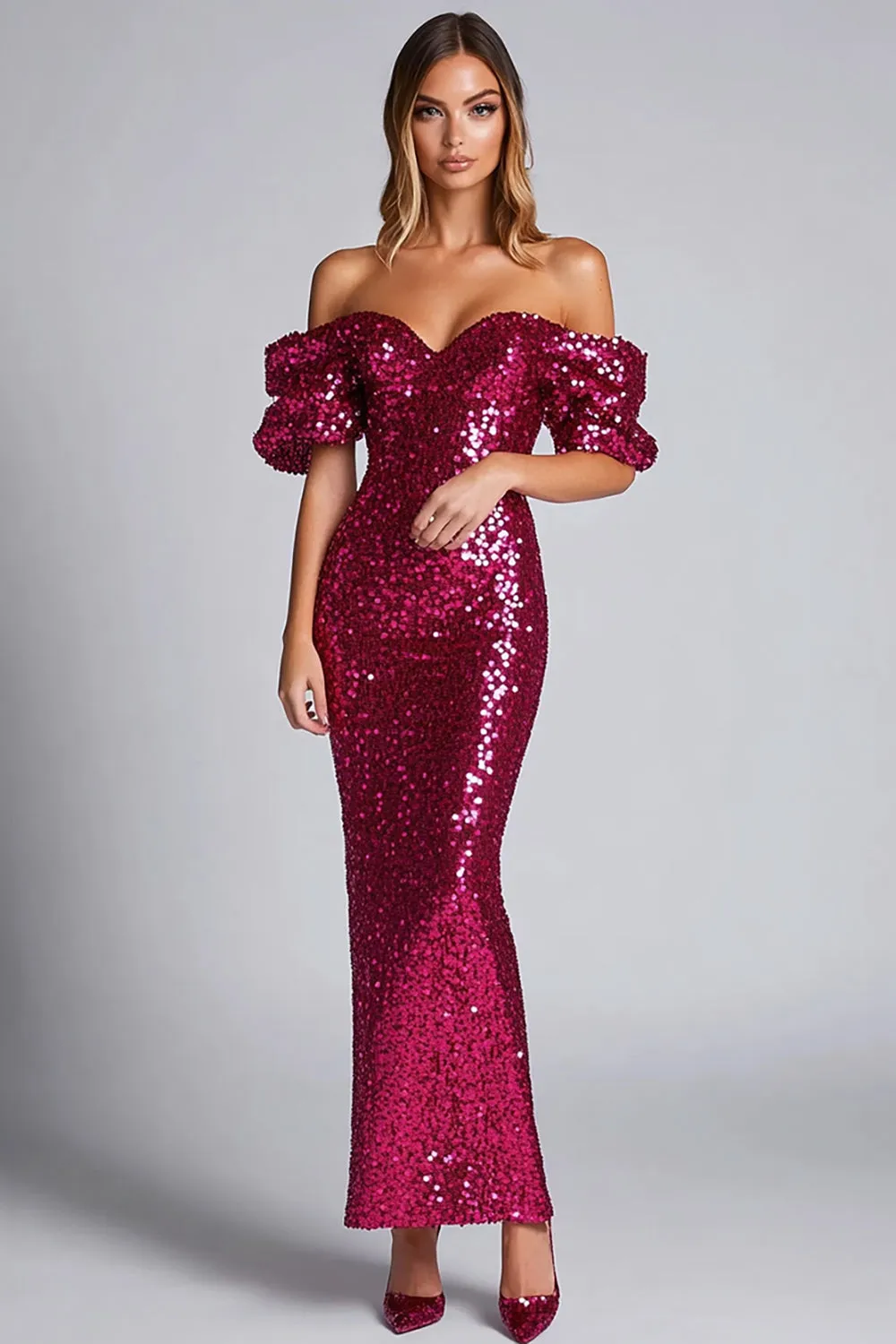Sparkly Fuchsia Sheath Off The Shoulder Sequin Long Formal Dress sold by Zapaka