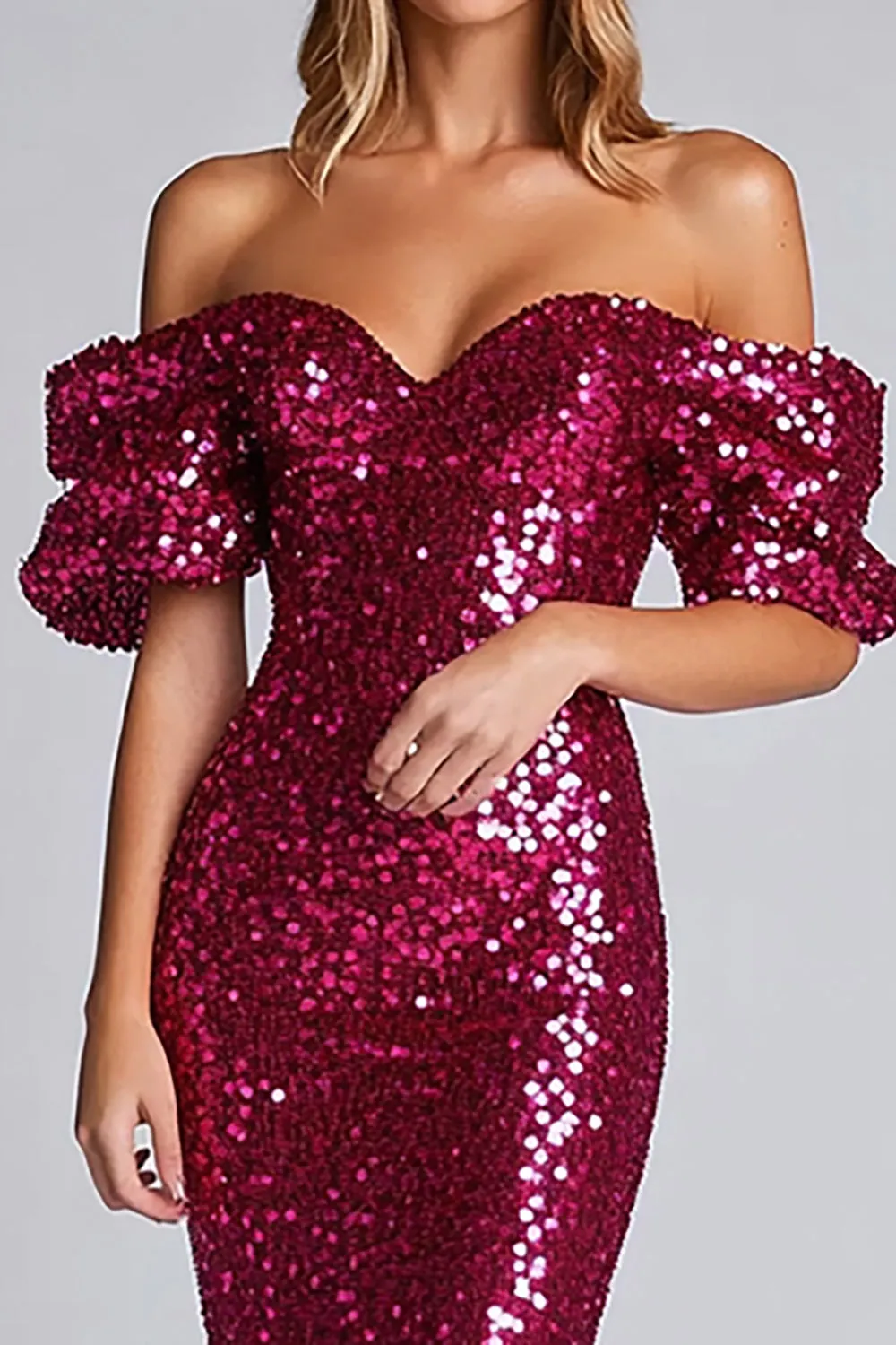 Sparkly Fuchsia Sheath Off The Shoulder Sequin Long Formal Dress sold by Zapaka product image thumbnail 2