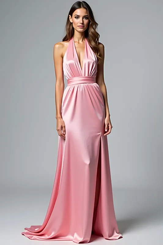 Pink A Line Halter Ruched Long Satin Formal Dress sold by Zapaka