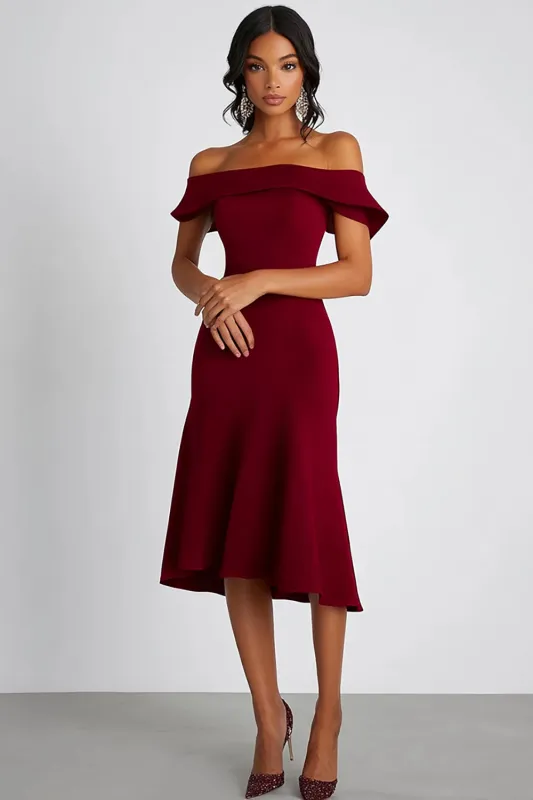 Burgundy A Line Off The Shoulder Knee Length Formal Dress sold by Zapaka