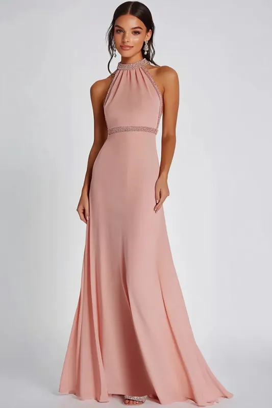 Sparkly Pink Sheath Beaded Halter Long Formal Dress sold by Zapaka
