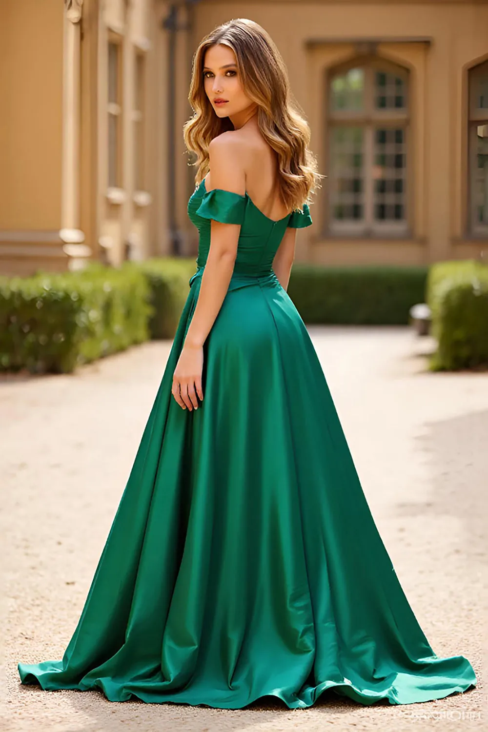 Off The Shoulder Dark Green A Line Satin Long Prom Dress with Pockets sold by Zapaka product image thumbnail 2
