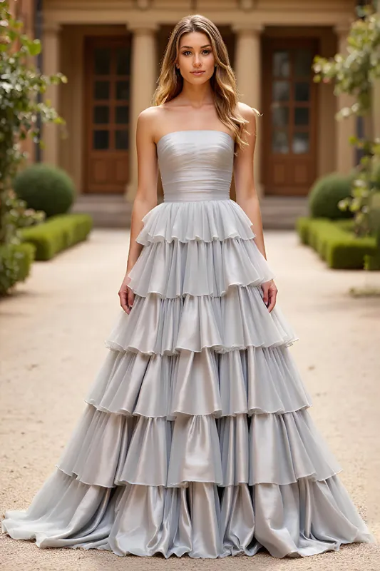 Taffeta Silver A Line Long Prom Dress with Ruffles sold by Zapaka