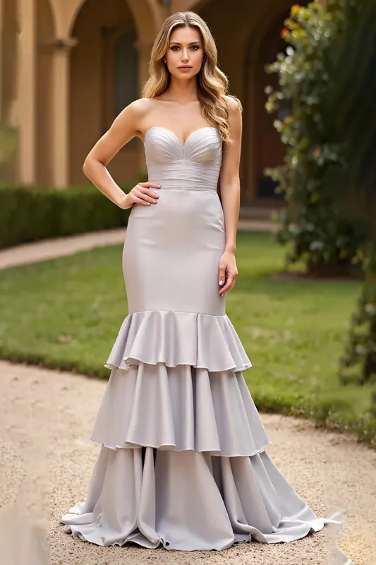 Satin Silver Long Mermaid Sweetheart Prom Dress with Ruffles sold by Zapaka