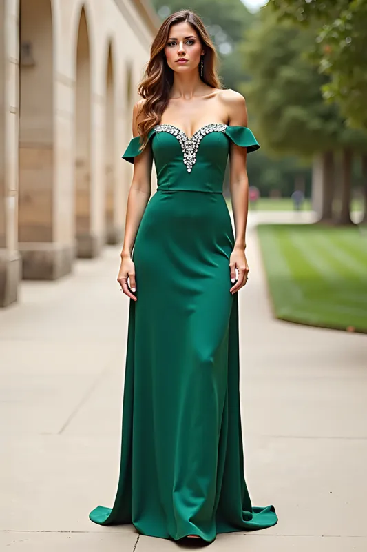 Dark Green Sheath Beaded Off The Shoulder Long Prom Dress sold by Zapaka