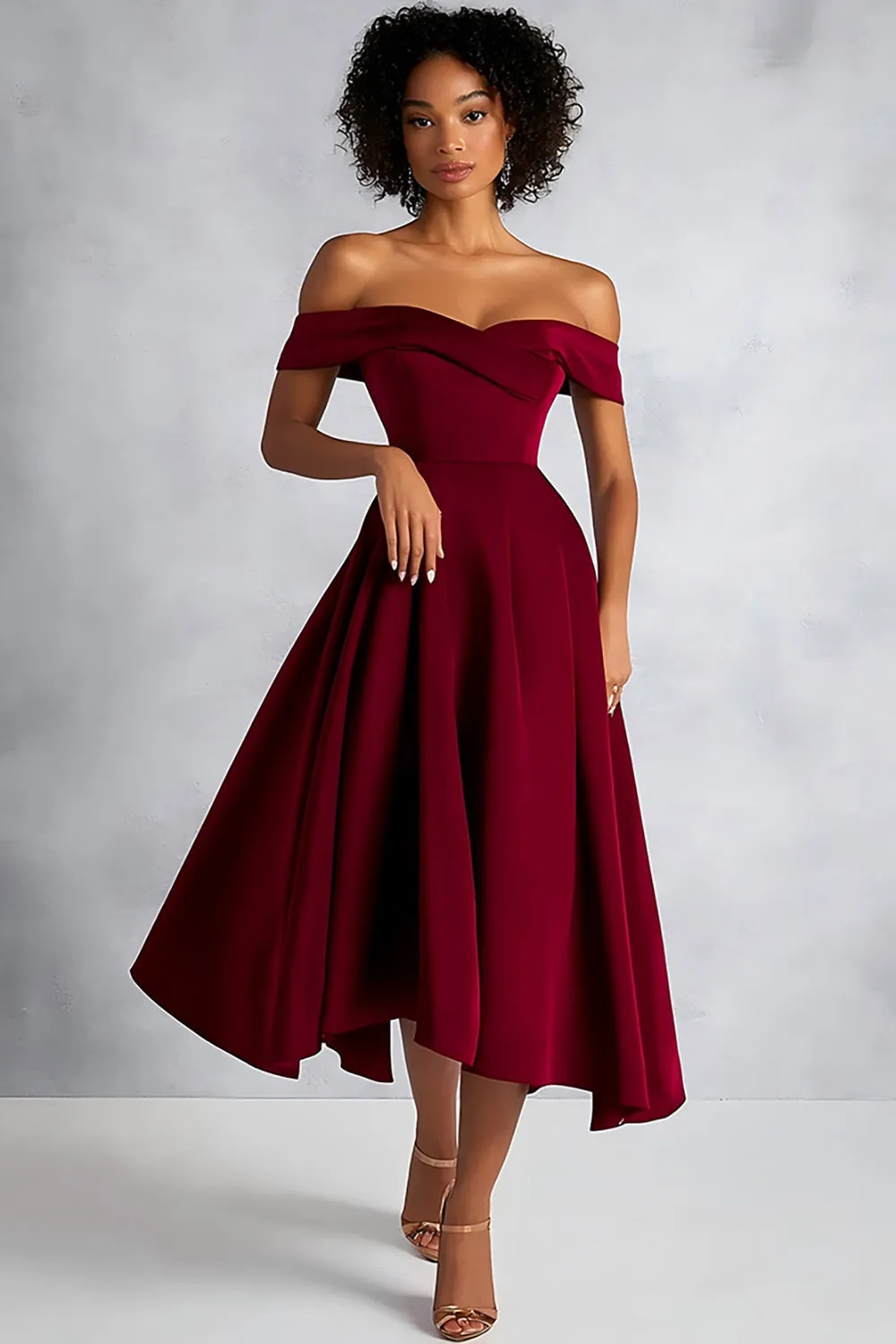 Burgundy A Line Off The Shoulder Midi Formal Dress sold by Zapaka