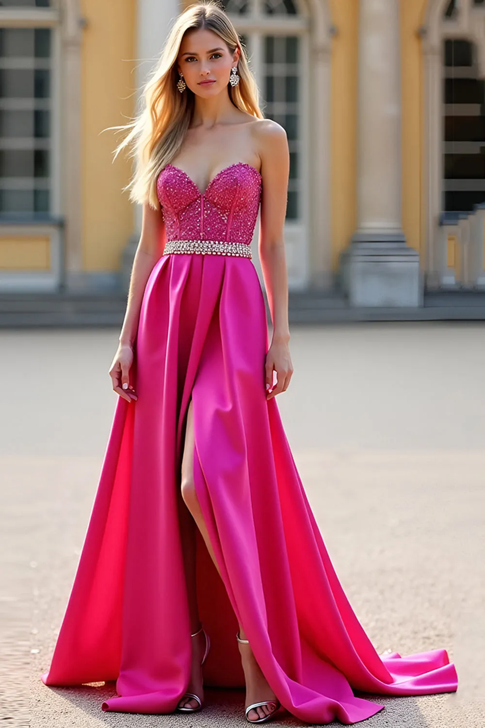 Fuchsia A Line Strapless Corset Sequin Prom Dress sold by Zapaka