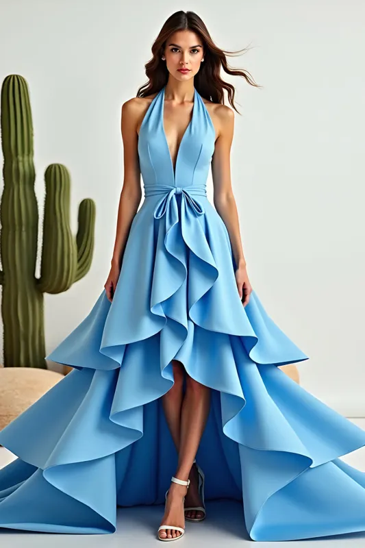 Blue A Line Halter Ruffled Tiered Prom Dress sold by Zapaka