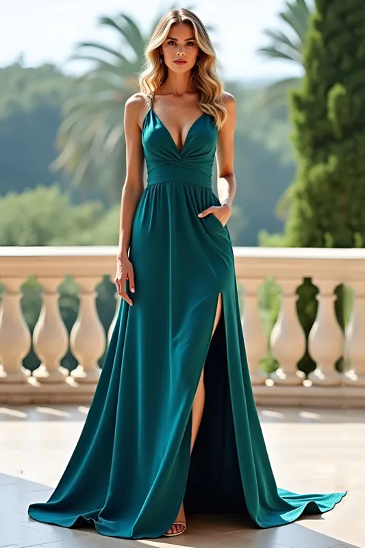 Peacock Green A Line Long Prom Dress with Slit sold by Zapaka