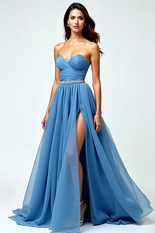 Grey Blue Chiffon Long Sweetheart A Line Prom Dress with Slit sold by Zapaka
