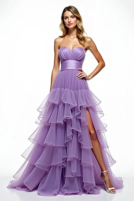 Purple Tiered A Line Strapless Prom Dress with Slit sold by Zapaka