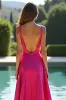 Fuchsia A Line Spaghetti Straps Satin Long Prom Dress with Slit sold by Zapaka