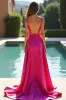 Fuchsia A Line Spaghetti Straps Satin Long Prom Dress with Slit sold by Zapaka