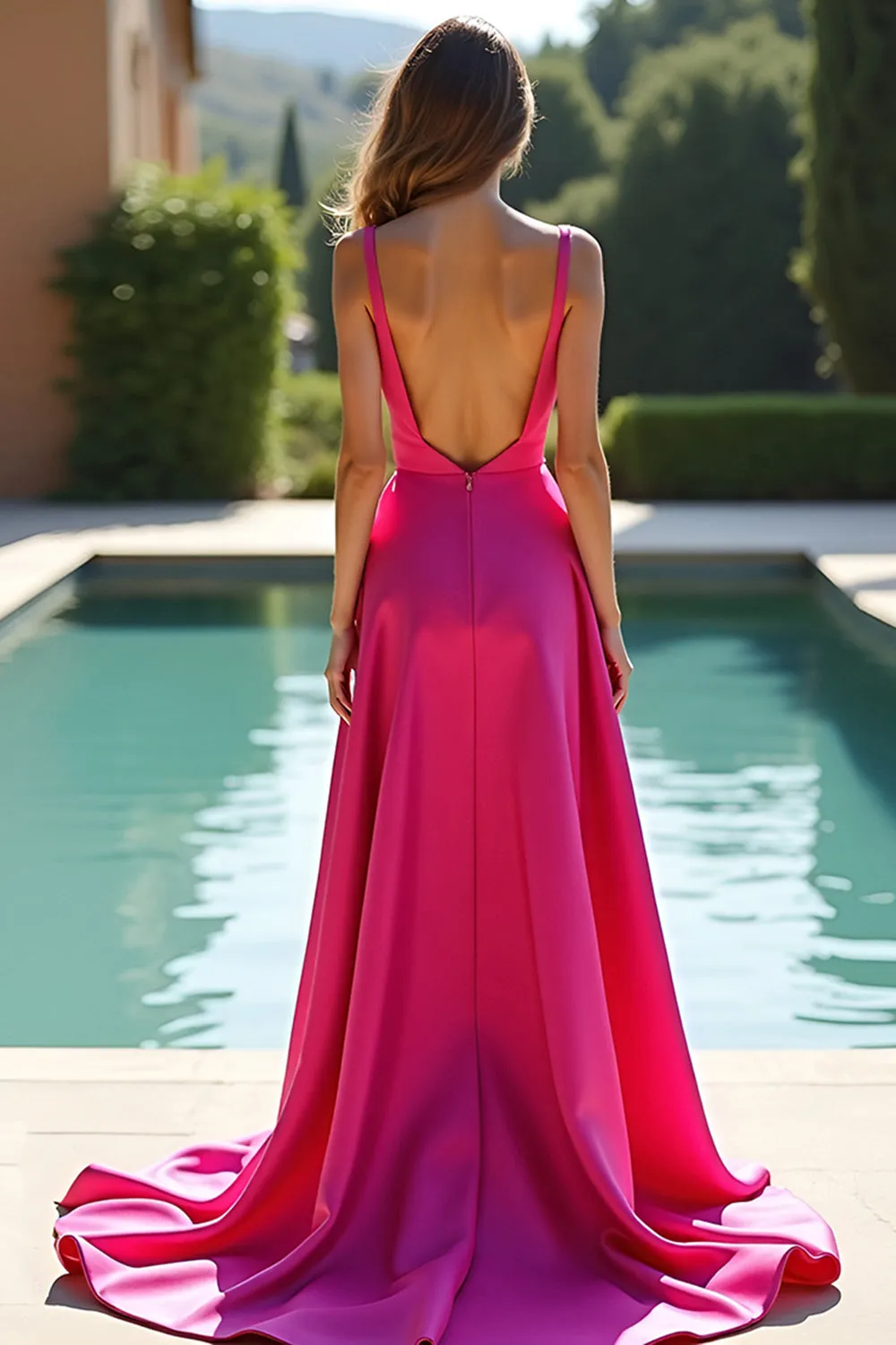 Fuchsia A Line Spaghetti Straps Satin Long Prom Dress with Slit sold by Zapaka product image thumbnail 2