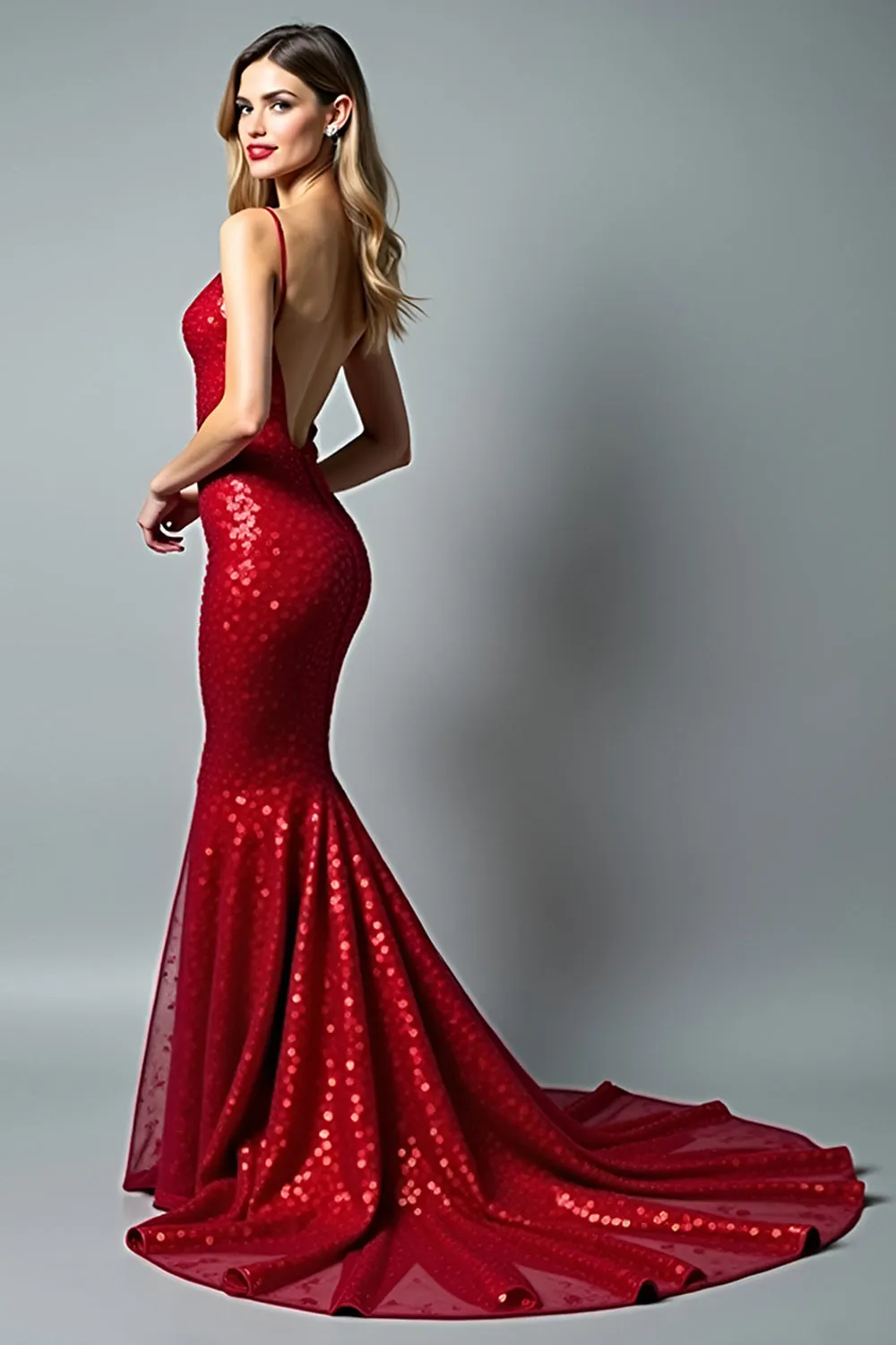 Mermaid Sparkly Red Spaghetti Straps Long Prom Dress sold by Zapaka product image thumbnail 3
