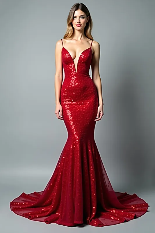 Mermaid Sparkly Red Spaghetti Straps Long Prom Dress sold by Zapaka