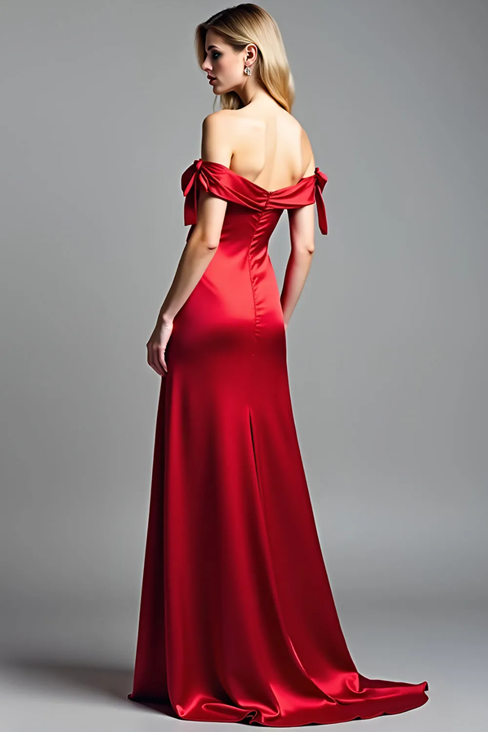 Red Off the Shoulder Satin Long Prom Dress with Slit sold by Zapaka product image thumbnail 3