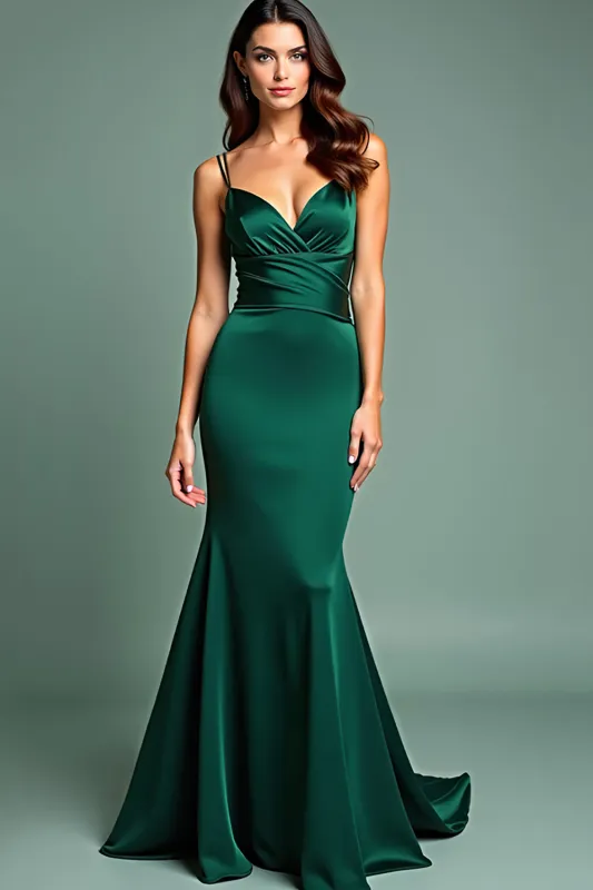 Dark Green Satin Spaghetti Straps Long Prom Dress sold by Zapaka