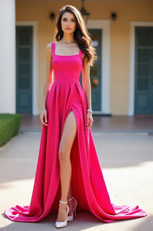 Fuchsia Square Neck A Line Long Prom Dress with Slit sold by Zapaka