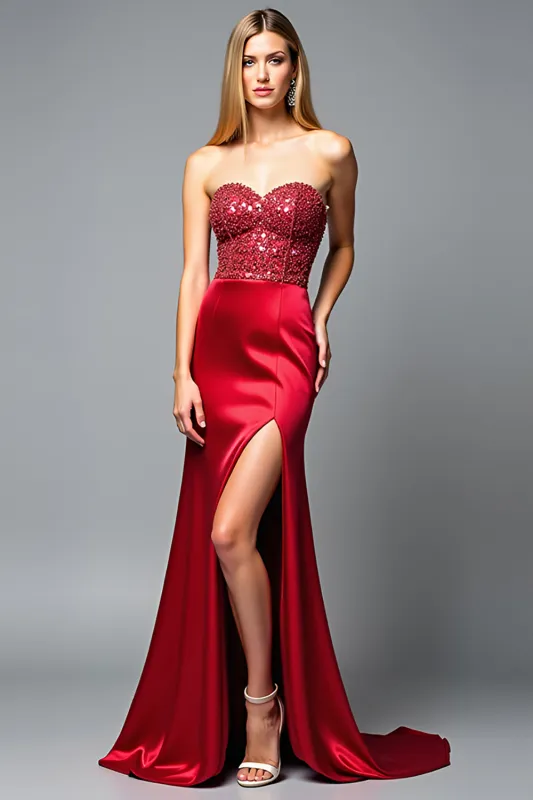 Sparkly Red Sweetheart Mermaid Long Satin Prom Dress with Slit sold by Zapaka