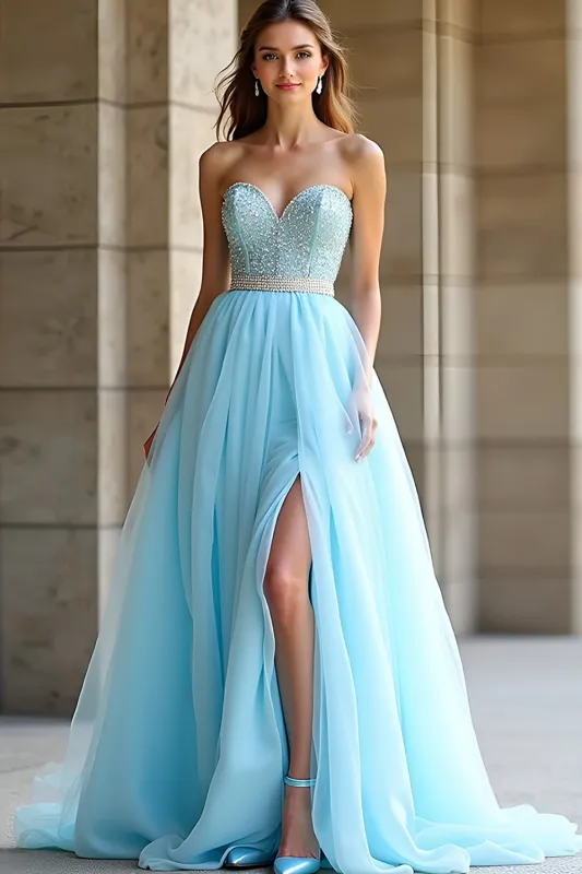 Light Blue Beaded Strapless A Line Long Prom Dress with Slit sold by Zapaka
