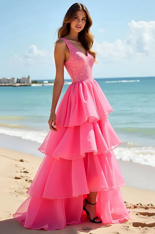 Hot Pink Beaded V Neck A Line Tiered Long Prom Dress sold by Zapaka
