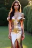 Metallic Rose Golden Off the Shoulder Prom Dress with Front Slit sold by Zapaka
