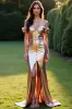 Metallic Rose Golden Off the Shoulder Prom Dress with Front Slit sold by Zapaka