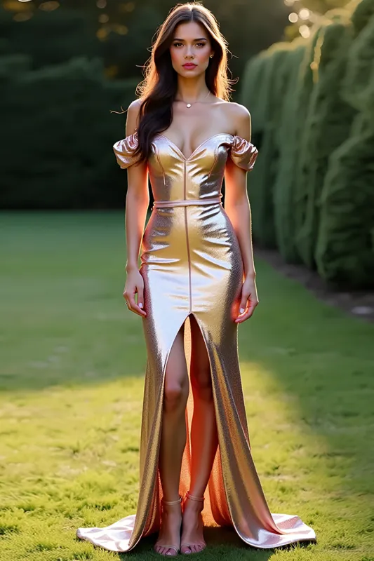 Metallic Rose Golden Off the Shoulder Prom Dress with Front Slit sold by Zapaka