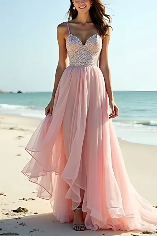 Blush Spaghetti Straps Tulle Long Wedding Guest Dress with Ruffles sold by Zapaka