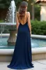 Navy Open Back Spaghetti Straps Long Wedding Guest Dress with Slit sold by Zapaka