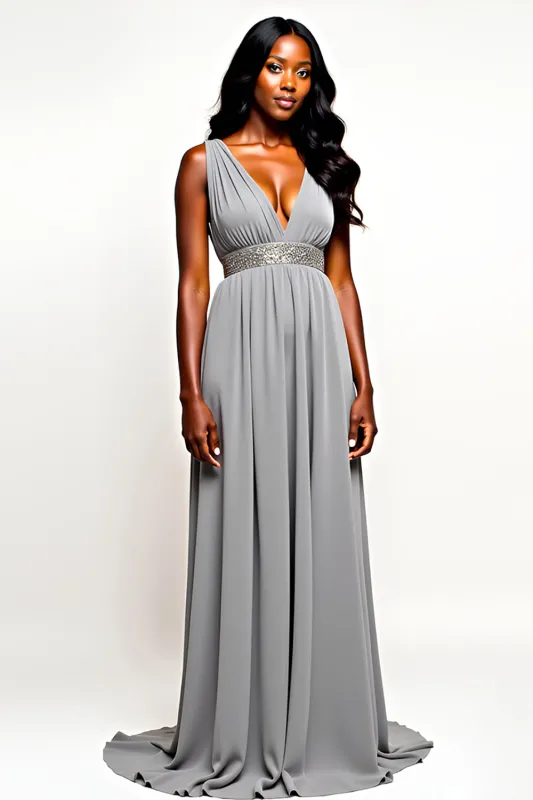 Grey Open Back V-Neck Long Wedding Guest Dress made by Zapaka